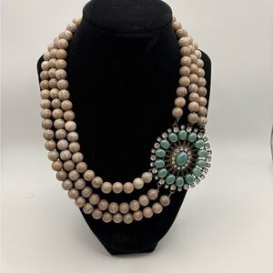 Elegant Tan Beaded Fashion    Necklace W/ Turquoise Rhinestone Accents READ